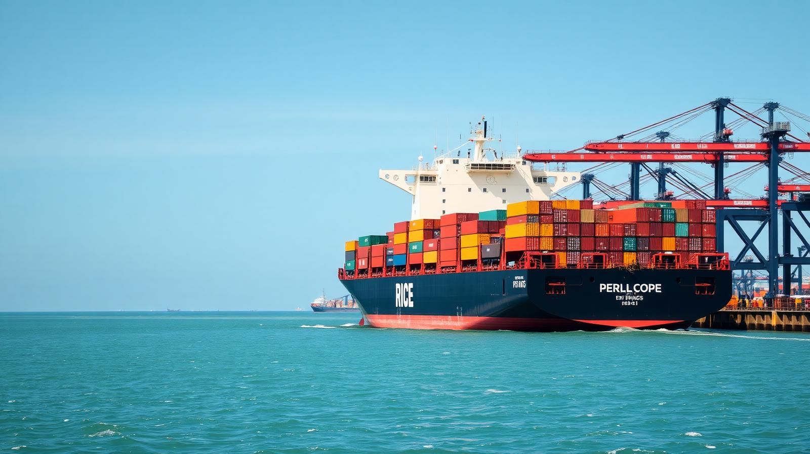 Tàu container chở gạo tại cảng xuất khẩu